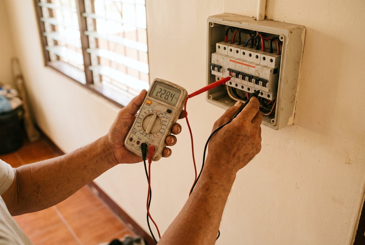 An electrician testing a home breaker panel with a multimeter