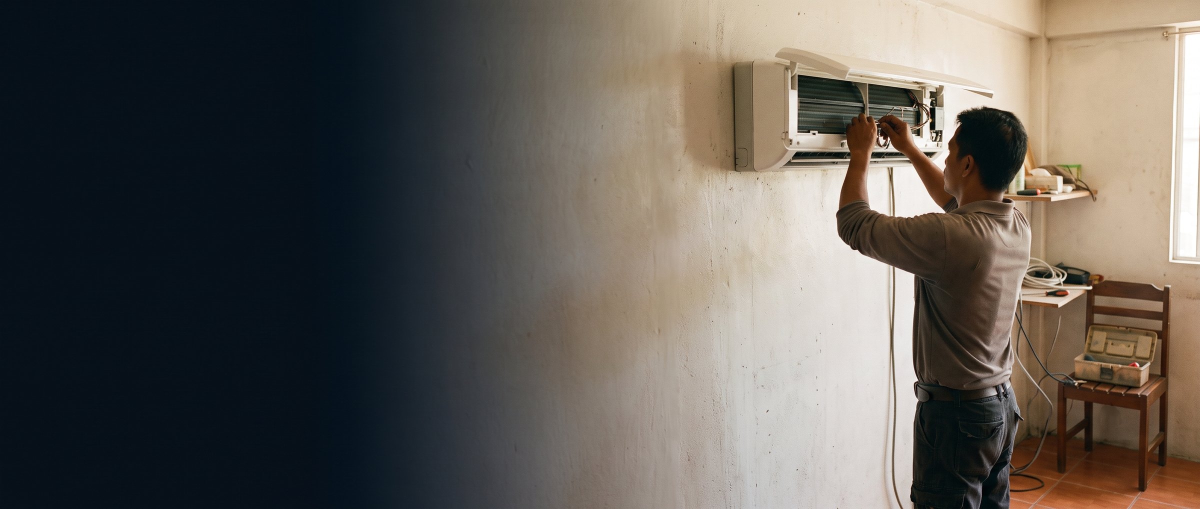 A technician reaching up to service an open wall-mounted air conditioner in a home